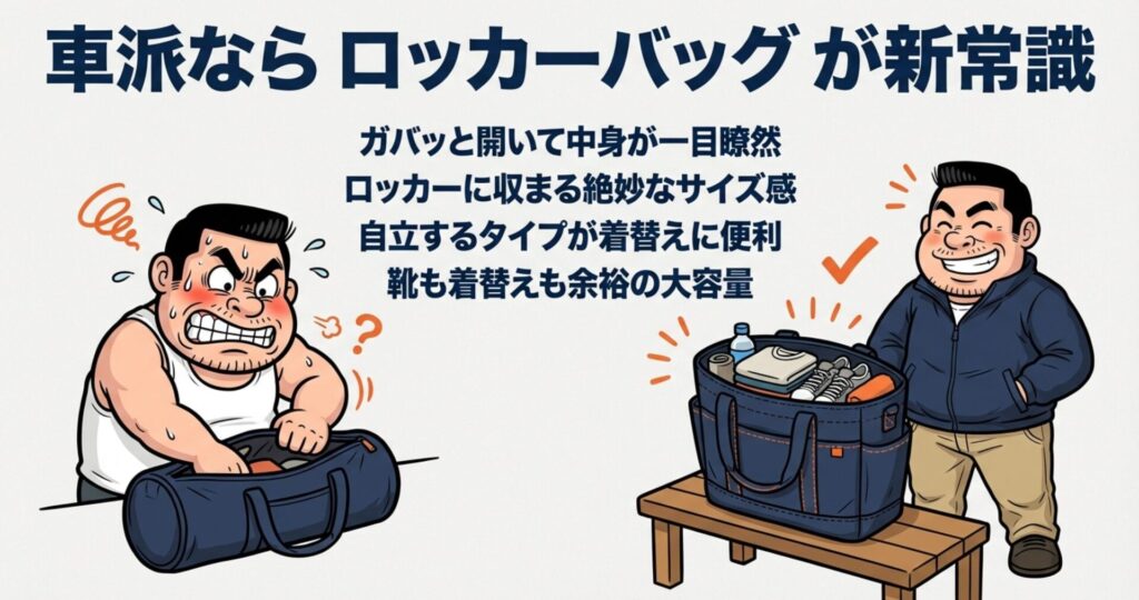 筒型のボストンバッグで荷物を探すのに苦労している様子と、口が大きく開くトート型バッグ（ロッカーバッグ）で整理整頓されている様子の比較図。自立してロッカーに収まり、靴も入る大容量サイズのメリットを解説。