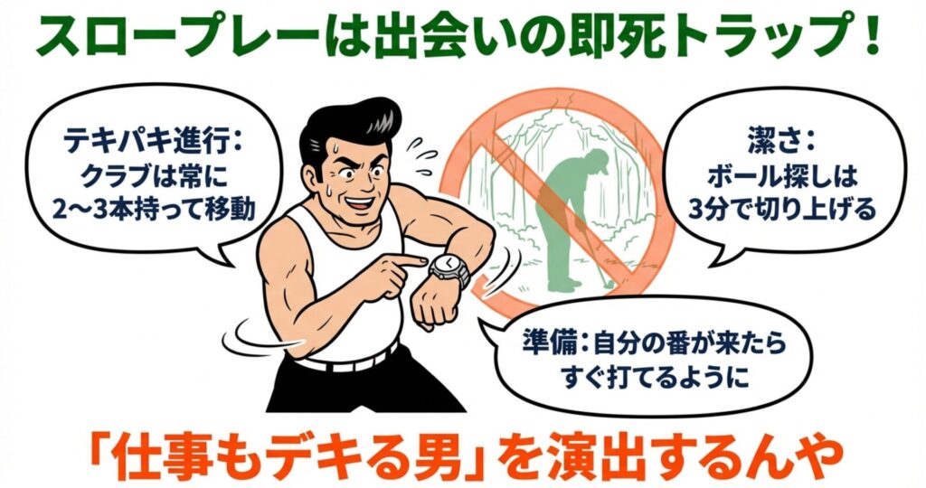 テキパキとプレーを進行し、クラブを数本持って移動するなど、「仕事もデキる男」を演出するための具体的なマナー解説イラスト。