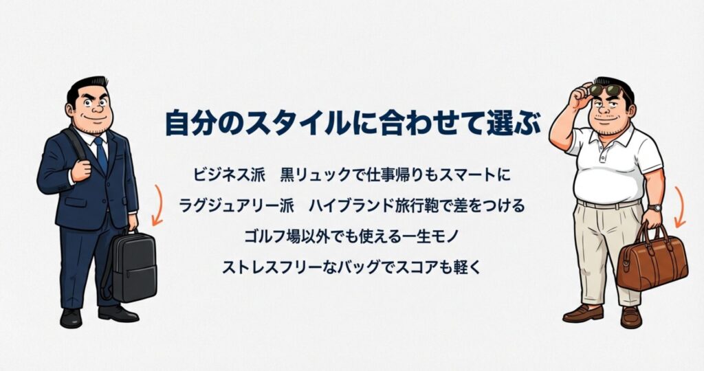 スーツ姿で黒リュックを背負う「ビジネス派」の男性と、ポロシャツ姿で高級感のある旅行鞄を持つ「ラグジュアリー派」の男性のイラスト。自分のライフスタイルや好みに合わせてバッグを選ぶことで、ストレスフリーにゴルフを楽しめることを表現。