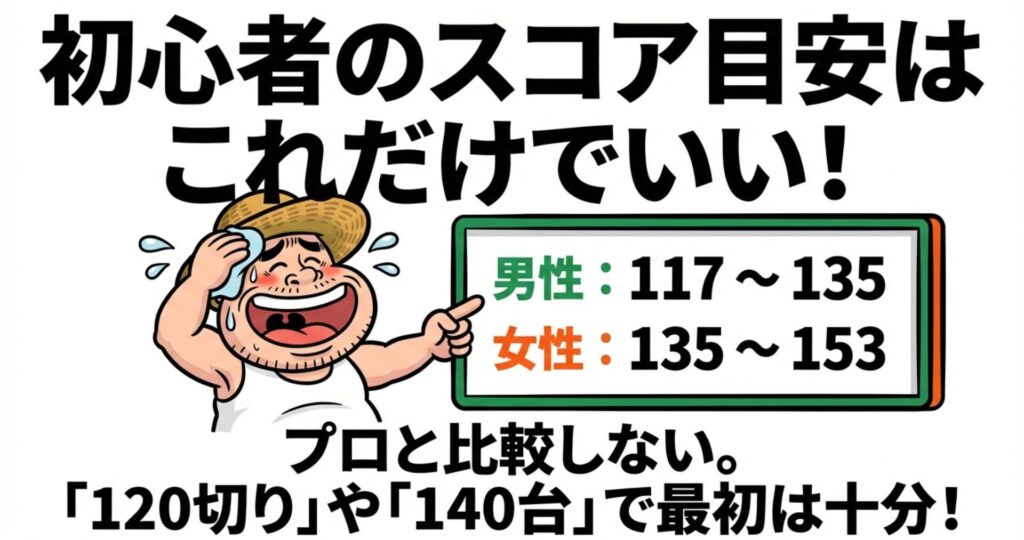 男性117-135、女性135-153という初心者のスコア目安と「プロと比較しない」という心構えのイラスト