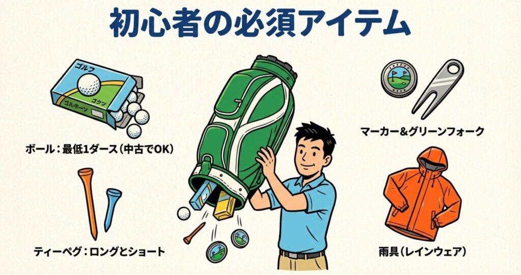 ゴルフボール、ティーペグ、マーカー、グリーンフォーク、レインウェアなど、ラウンドに必要な基本アイテムをキャディバッグから出したイラスト