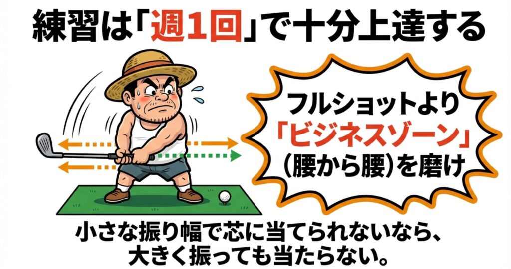 腰から腰の振り幅「ビジネスゾーン」を磨く練習イメージ。「週1回練習で十分」という解説付き