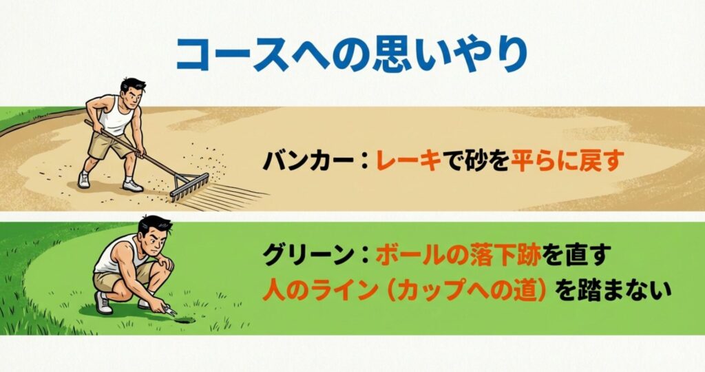 バンカーレーキで砂を直す様子や、グリーンのボールマーク修復、他人のラインを踏まないといったコース保護のマナー図解