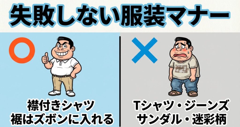 襟付きシャツの正しい服装例と、Tシャツ・ジーンズ・サンダル・裾出しなどのマナー違反となるNG服装例を比較したイラスト