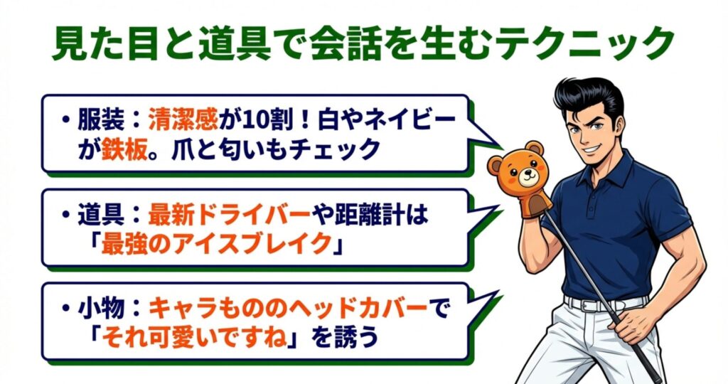 清潔感のある服装のポイントと、最新ドライバーやキャラクター物のヘッドカバーが会話のアイスブレイクになることを説明したイラスト。