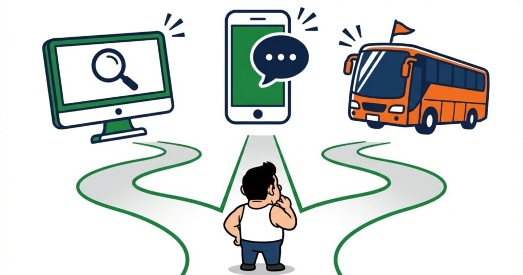 パソコンでの予約サイト、スマホアプリ、バスツアーなど、自分の目的に合わせてゴルフの出会い方を選択する分岐点のイメージイラスト。