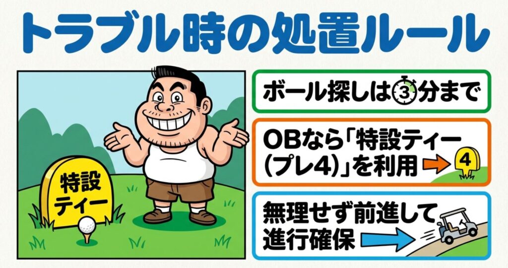 OB発生時に使用する特設ティー（プレイング4）の看板と、ボール探しを3分で切り上げて進行を確保するルールの説明イラスト