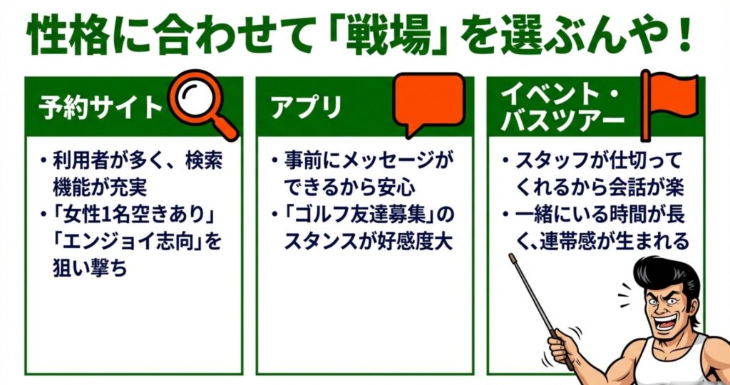 予約サイト、アプリ、イベント・バスツアーそれぞれの特徴と、どのような性格の人に向いているかを解説している比較イラスト。