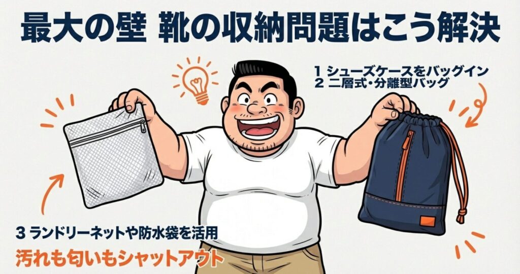 ボストンバッグを使わない場合の靴の収納方法を図解。1.シューズケースをバッグインする、2.二層式・分離型バッグを使う、3.ランドリーネットや防水袋を活用して汚れを防ぐ、という3つの解決策。