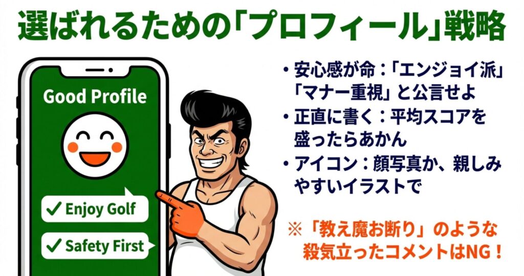 「エンジョイ派」「マナー重視」をアピールするなど、ゴルフの1人予約で選ばれるためのプロフィール戦略とNG例をまとめたイラスト。