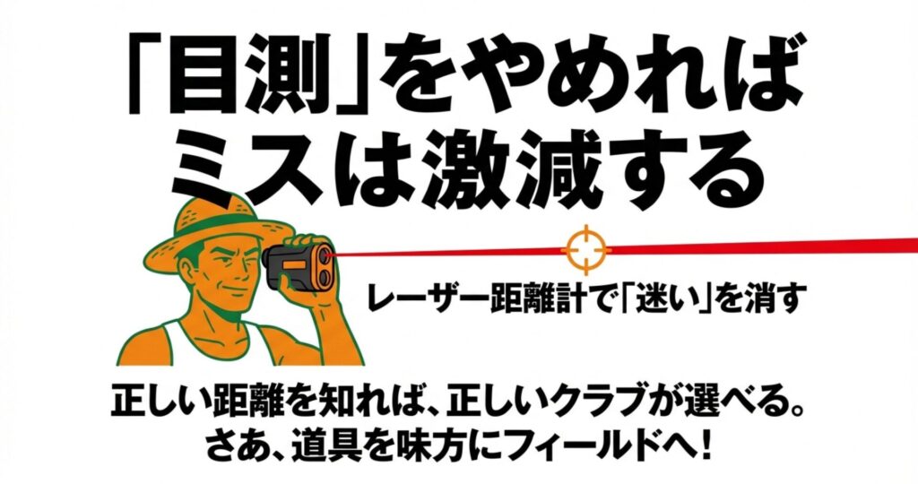 目測をやめてレーザー距離計を使うことで迷いをなくし、正しいクラブ選択をするためのイラスト