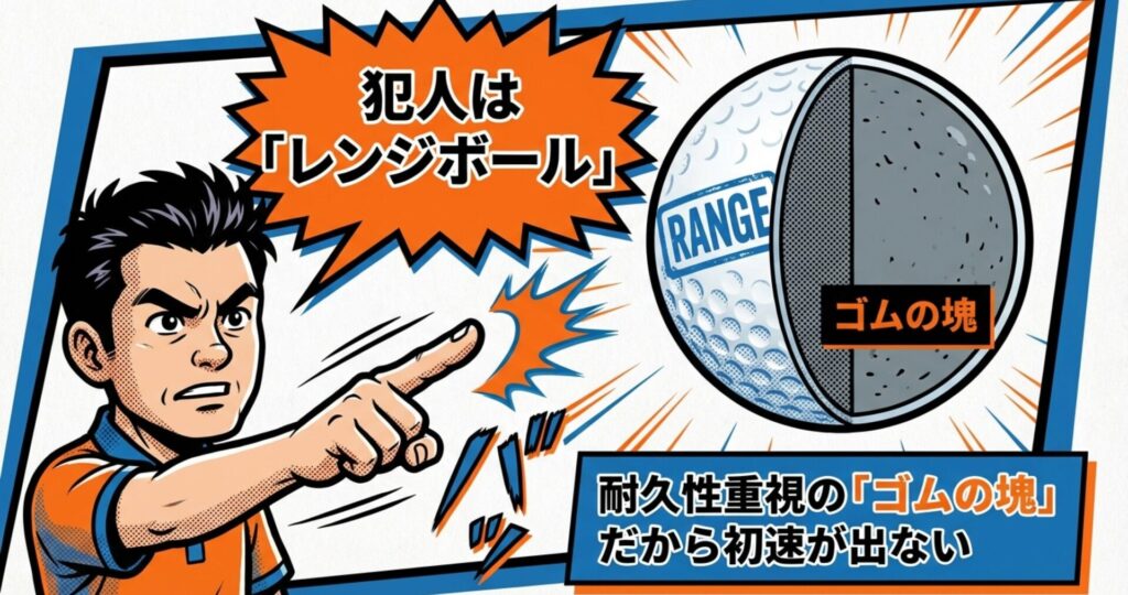 飛距離が出ない原因は、耐久性を重視した「ゴムの塊」のようなレンジボールの構造にあることを解説するスライド