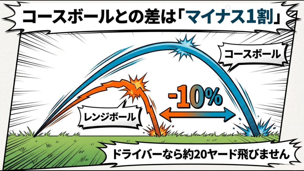 コースボールとレンジボールの飛距離比較。レンジボールは約10%（ドライバーで約20ヤード）飛距離が落ちることを示す図