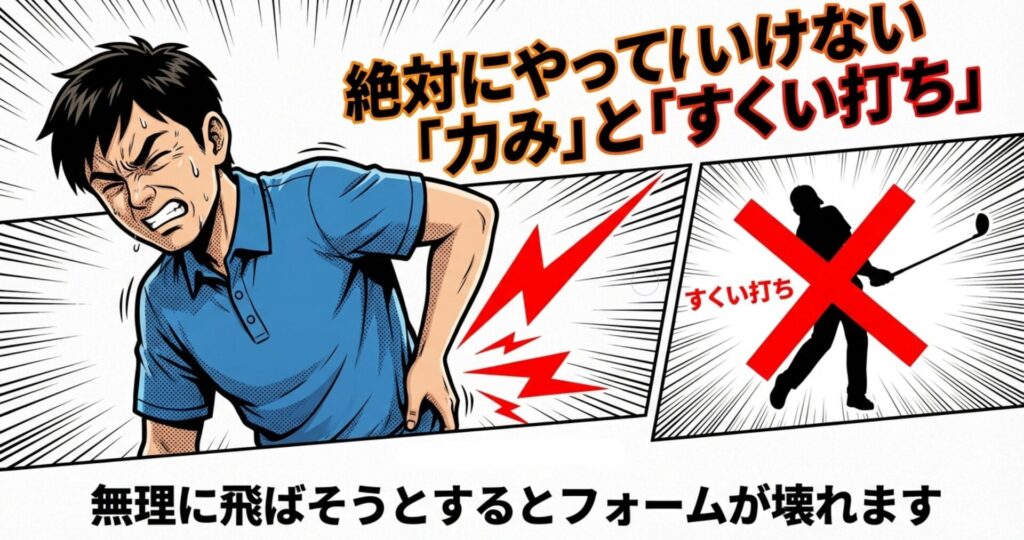 飛ばそうとして「力む」こと、ボールを上げようとして「すくい打ち」することはフォームを壊す原因になるという警告スライド