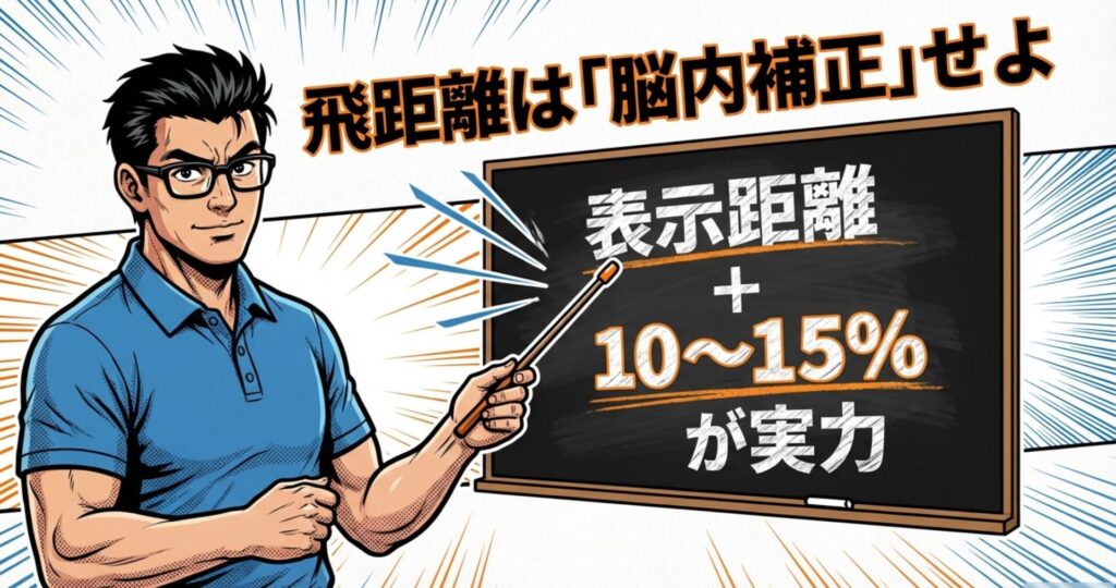 練習場の表示距離に対して10〜15%を足した数字を実力として捉える「脳内補正」を推奨するスライド