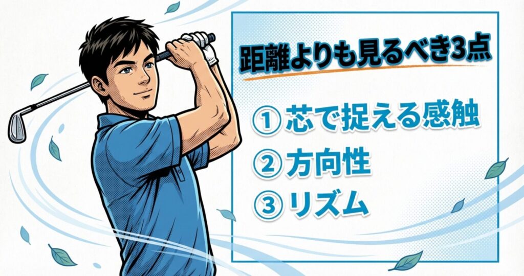 飛距離以外に重視すべき練習のポイント。「芯で捉える感触」「方向性」「リズム」の3点をリストアップしたスライド