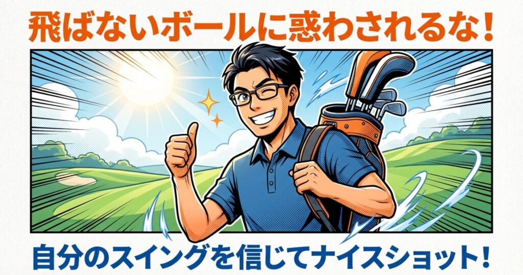 笑顔でサムズアップするゴルファーのイラスト。「飛ばないボールに惑わされず、自分のスイングを信じよう」という応援メッセージ