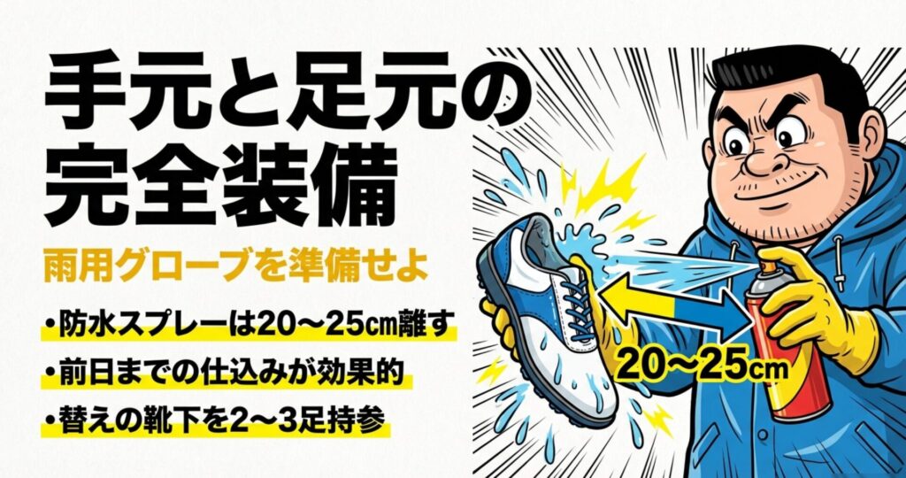 雨用グローブの準備、防水スプレーを20〜25cm離して靴にかける様子、替えの靴下を持参する重要性を描いたイラスト。