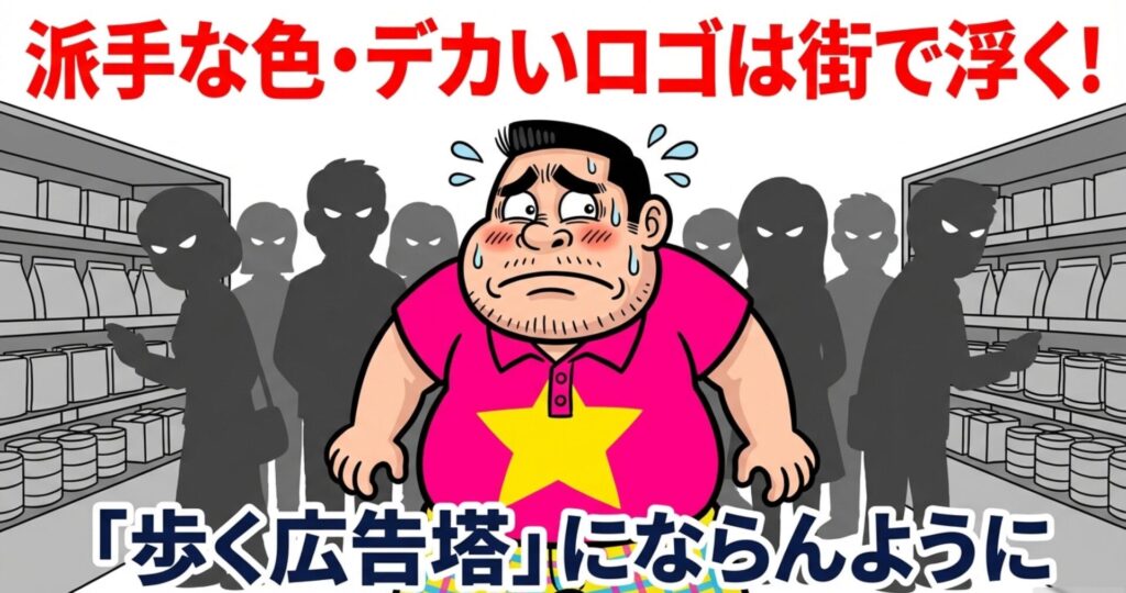 派手な色のゴルフウェアを着て街中に立ち、周囲から浮いてしまって冷や汗をかいている男性のイラスト。「歩く広告塔」にならないよう注意を促している。