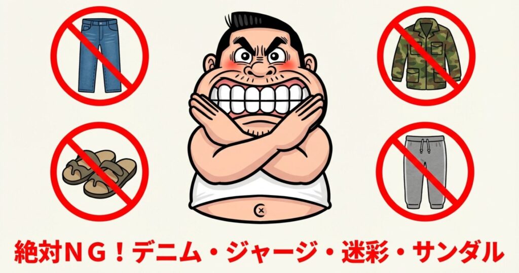 両手でバツ印を作っている男性のイラスト。ゴルフ場のドレスコードとして、デニム、ジャージ、迷彩柄、サンダルが「絶対NG」であることを警告している。