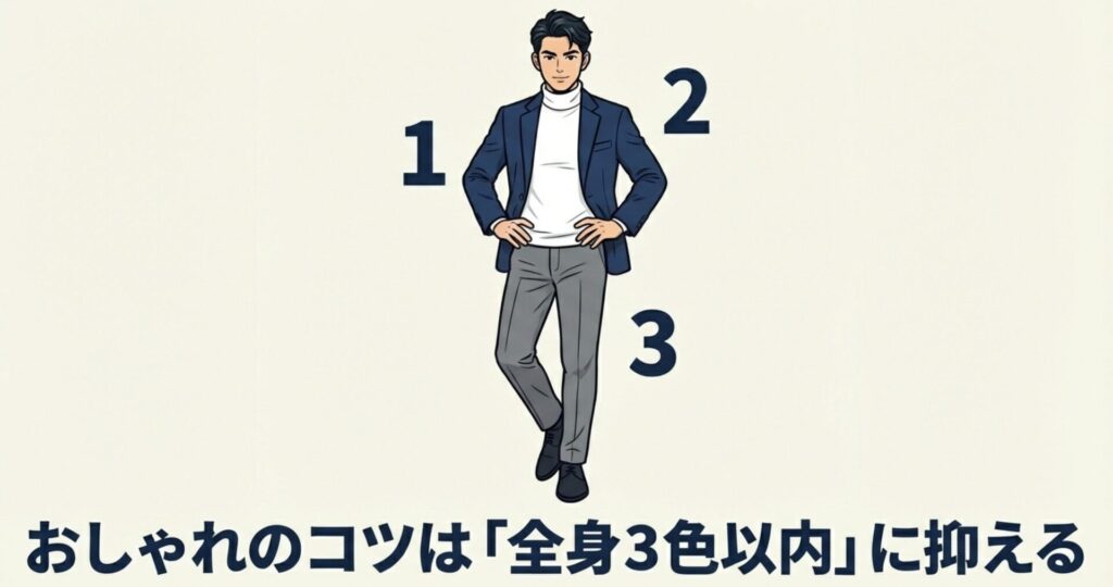 紺のジャケット、白のタートルネック、グレーのパンツを着こなした男性の全身イラスト。おしゃれのコツとして、コーディネートを全身3色以内に抑えるポイントを紹介している。