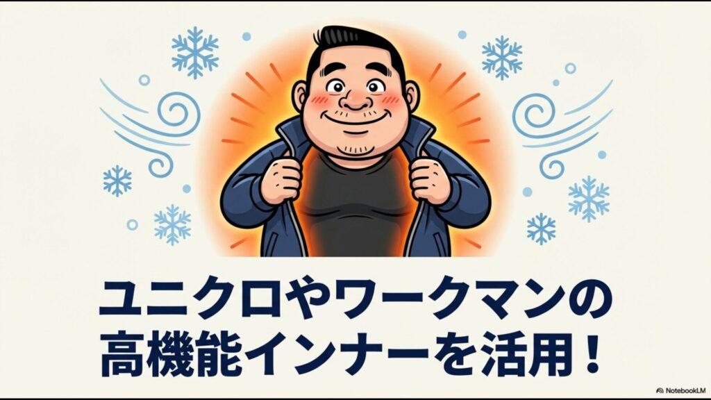 冬のゴルフウェア対策として、ユニクロやワークマンなどの高機能インナーを活用することを推奨するテキストスライド。