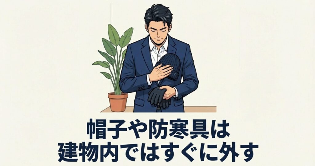 ゴルフ場のクラブハウス内でのマナーに関するスライド。帽子や防寒具は、建物内に入ったらすぐに外すよう注意を促している。