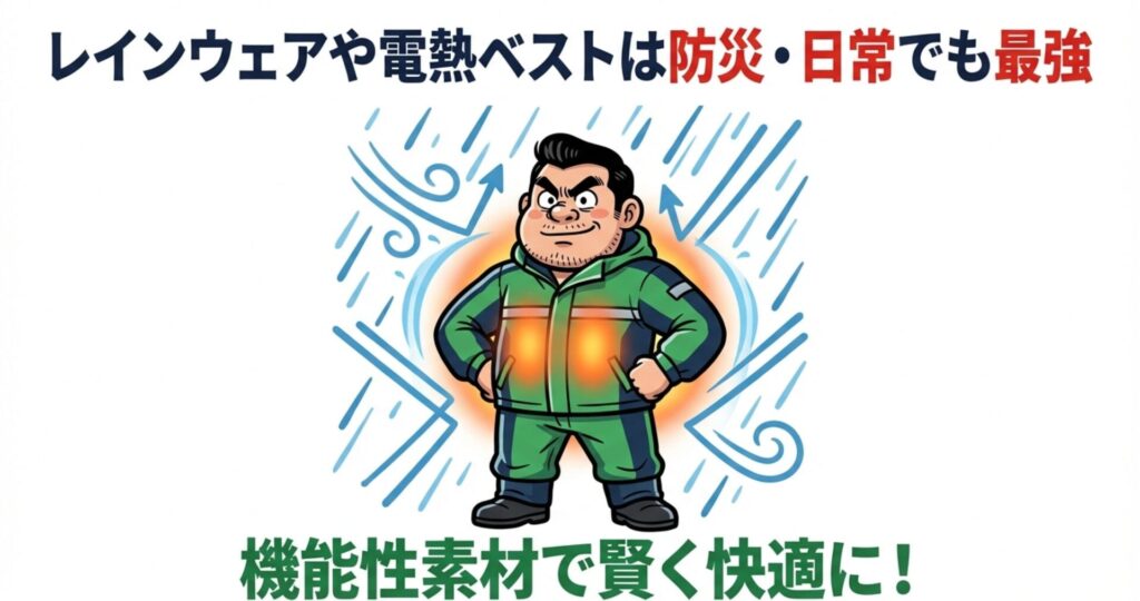 雨風を防ぐレインウェアや、体を温める電熱ベストを着用して自信満々の男性イラスト。ゴルフの機能性ウェアが防災や日常生活でも役立つことを表現している。