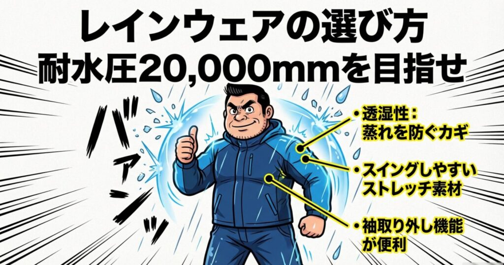 耐水圧20,000mm、透湿性、ストレッチ素材、袖取り外し機能など、雨の日を快適にするウェア選びの4つのポイント。