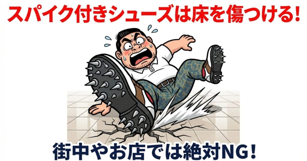 スパイク付きのゴルフシューズを履いて、ツルツルの床で滑って転びそうになっている男性のイラスト。床を傷つける危険性とマナー違反であることを警告している。