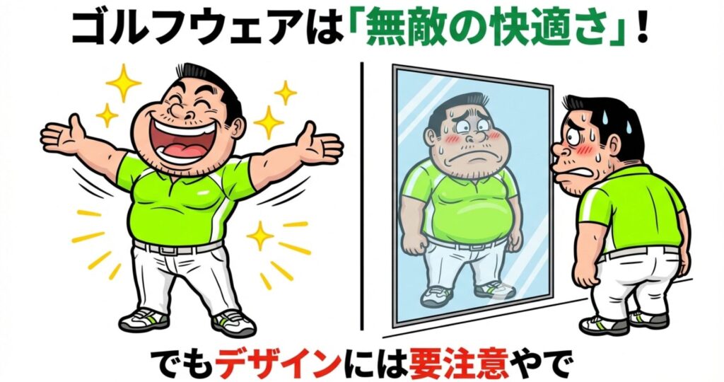 両手を広げてゴルフウェアの快適さをアピールする笑顔の男性イラスト。「無敵の快適さ」という文字と共に、ストレッチ性などの機能性を表現している。