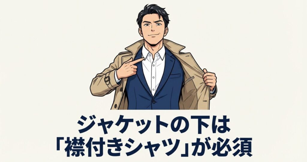 ゴルフ場のドレスコードについてのテキストスライド。ジャケットの下には「襟付きシャツ」の着用が必須であることを強調している。