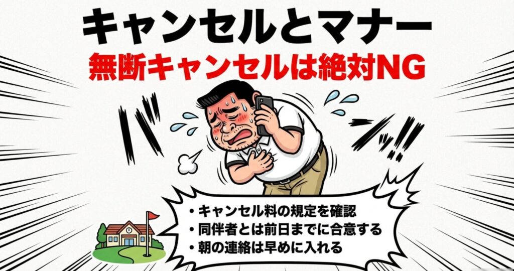 無断キャンセルは絶対NG、キャンセル料規定の確認、同伴者との前日合意など、トラブルを防ぐためのマナーを描いたイラスト。