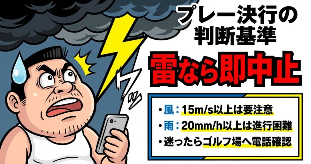 雷なら即中止、風速15m以上は要注意、雨量20mm以上は進行困難など、ゴルフにおける天候判断の目安をまとめたイラスト。