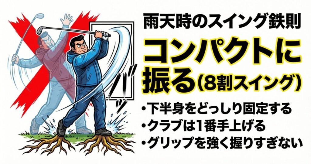 コンパクトに振る（8割スイング）、下半身を固定する、クラブを1番手上げる、グリップを強く握らないという4つのスイング調整ポイント。
