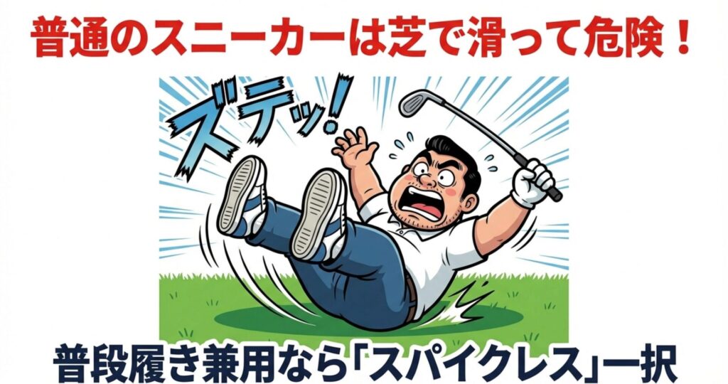 ゴルフ場の芝生の上で、普通のスニーカーを履いてスイングし、盛大に滑って転倒している男性のイラスト。「ズテッ！」という効果音と共に危険性を強調している。