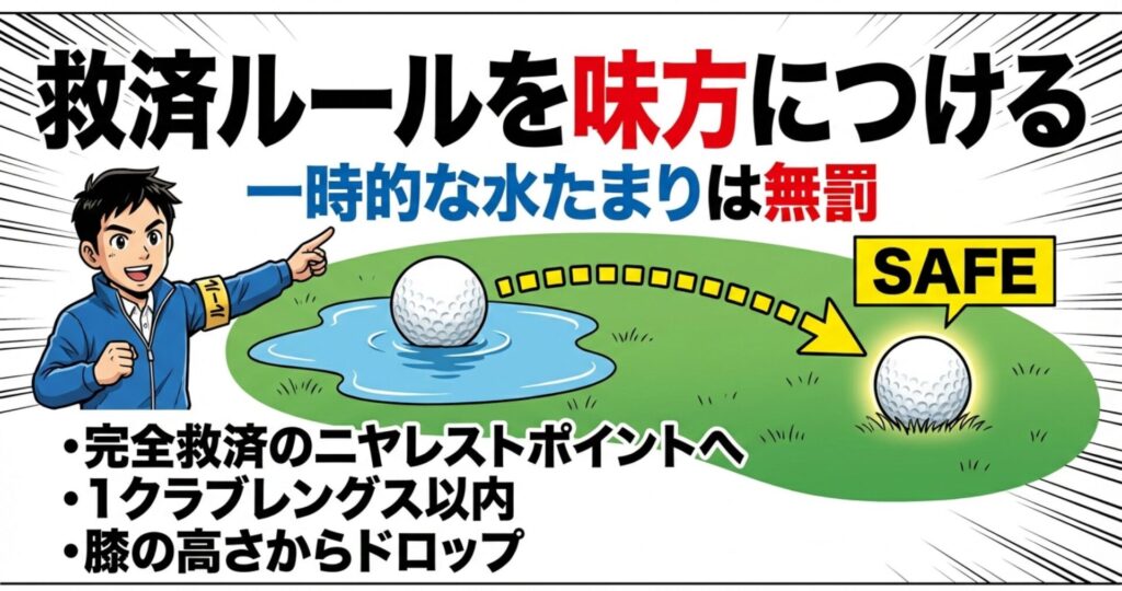異常なコース状態（水たまり）からの無罰救済エリアの決め方。ニヤレストポイントから1クラブレングス以内、膝の高さからのドロップ方法の図解。