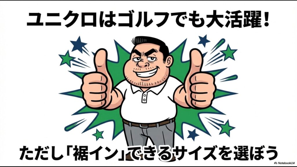 ユニクロのウェアを着こなす男性のイラスト。ゴルフで使用する際は「裾イン」ができる着丈のサイズを選ぶことが重要であると解説している。