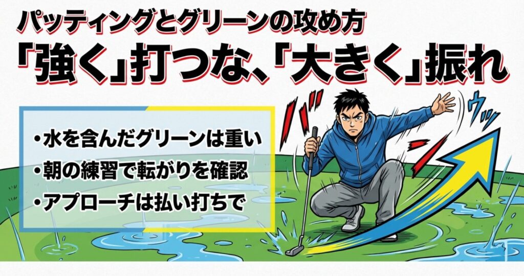 パターは強く打たずに大きく振る、アプローチは払い打ちにするなど、水を含んだ重いグリーンへの対処法を描いたイラスト。