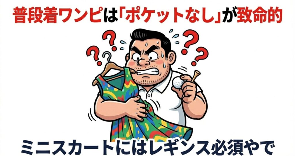 普段着のワンピースをゴルフウェアにしようとして、ポケットがないことに困っている様子を描いたイラスト。また、ミニスカート着用時のレギンスの必要性も訴えている。